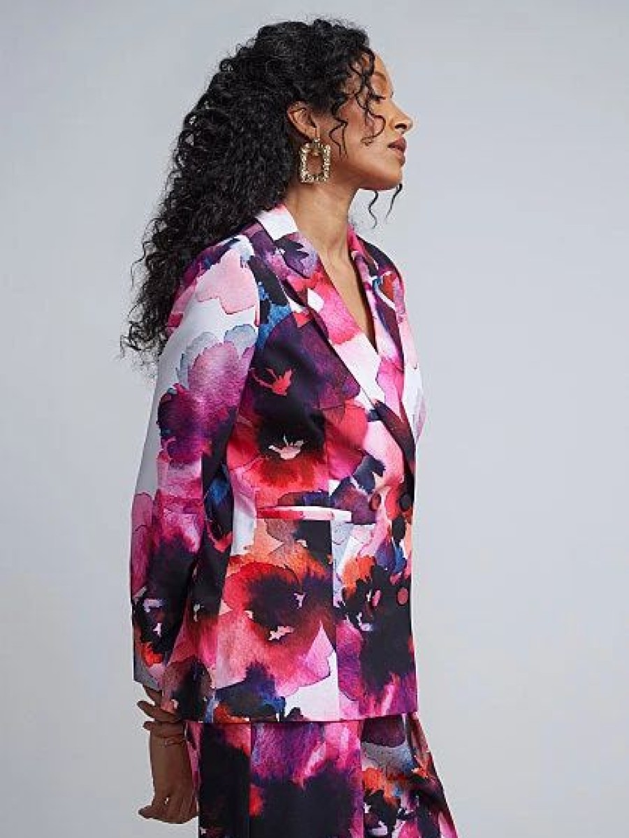 Jackets * | Floral-Print Double-Breasted Blazer Pink - Gleaming Pink