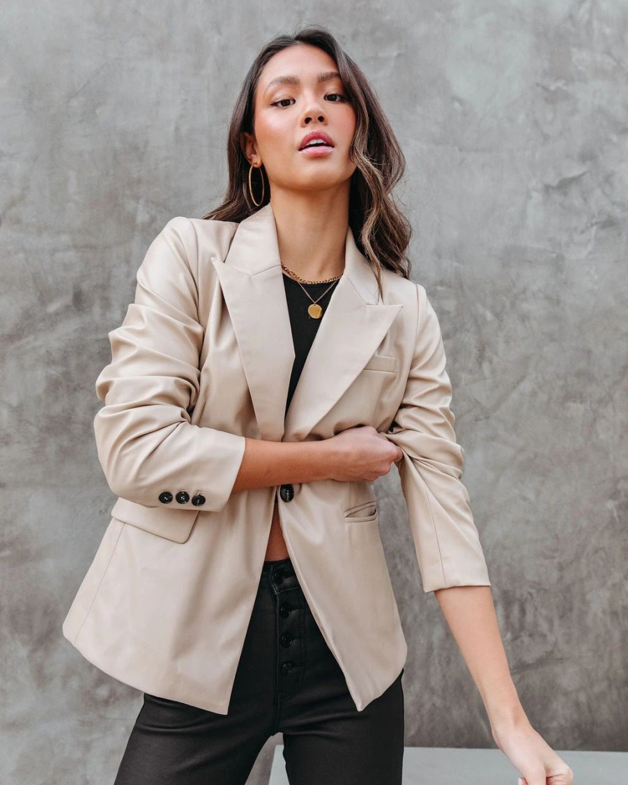 Coats & Jackets * | Big City Dreams Faux Leather Pocketed Blazer Light Taupe Final Sale