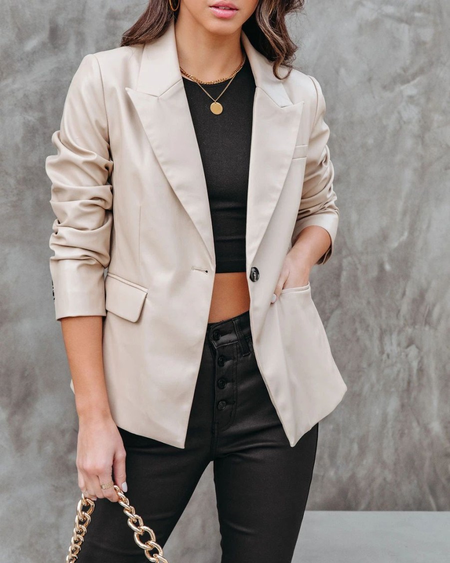 Coats & Jackets * | Big City Dreams Faux Leather Pocketed Blazer Light Taupe Final Sale