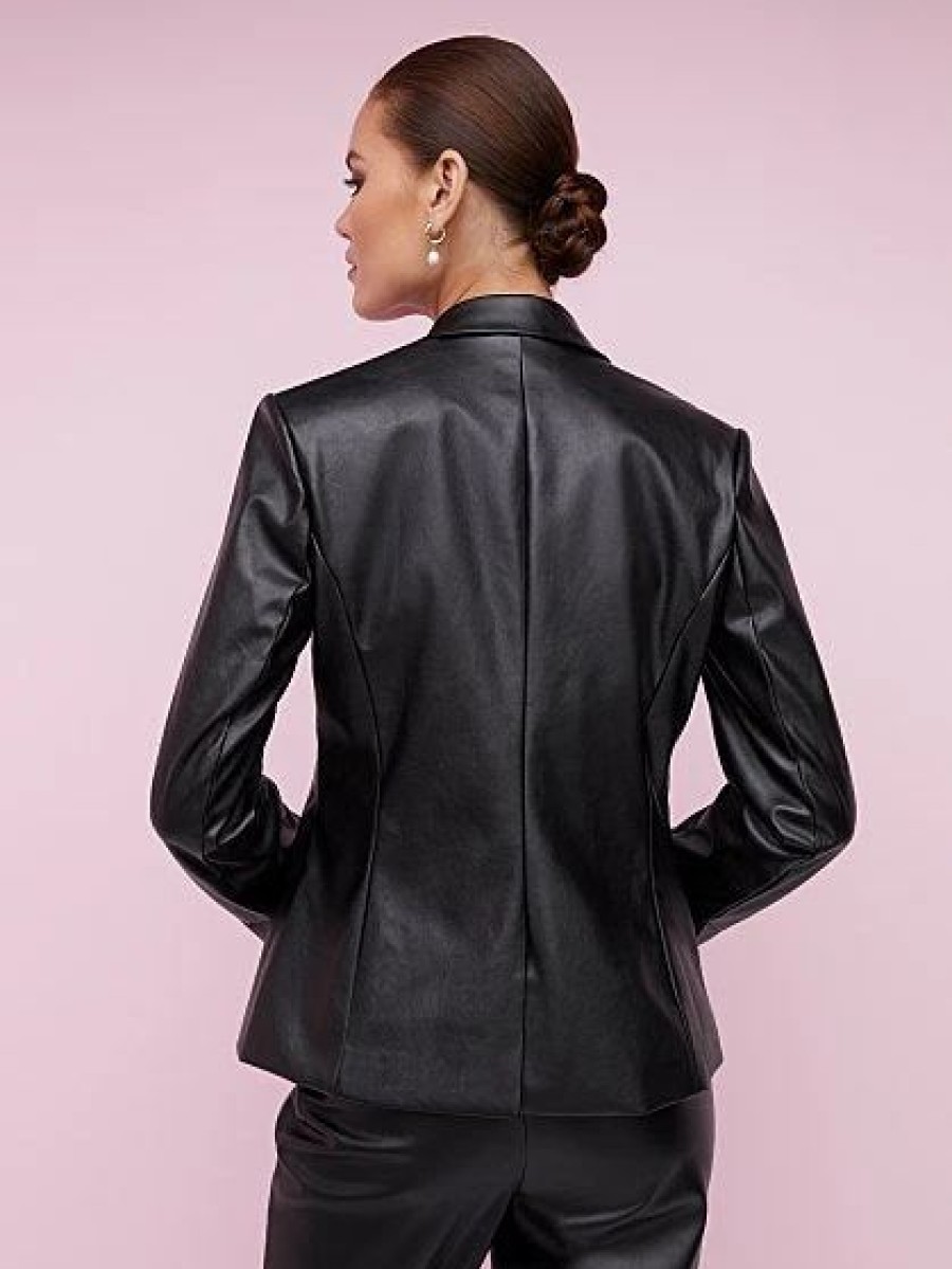 Jackets * | Faux-Leather Button-Front Blazer Black - Black