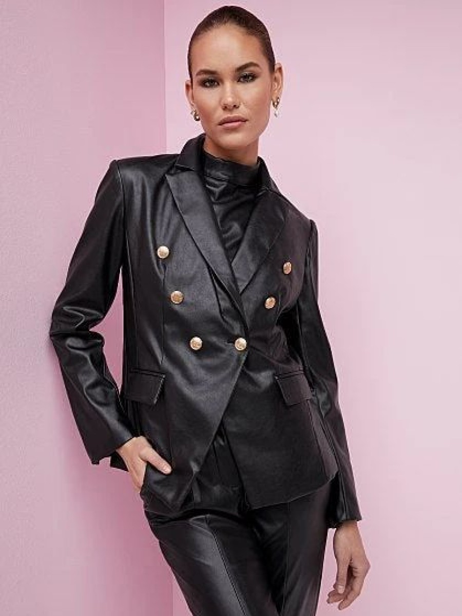 Jackets * | Faux-Leather Button-Front Blazer Black - Black