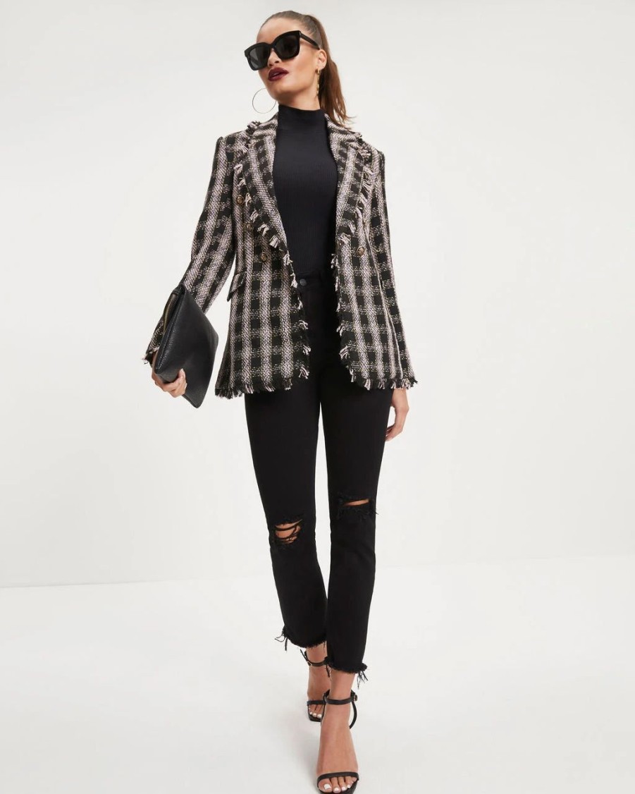 Blazers * | Laney Plaid Tweed Blazer Black Last Chance