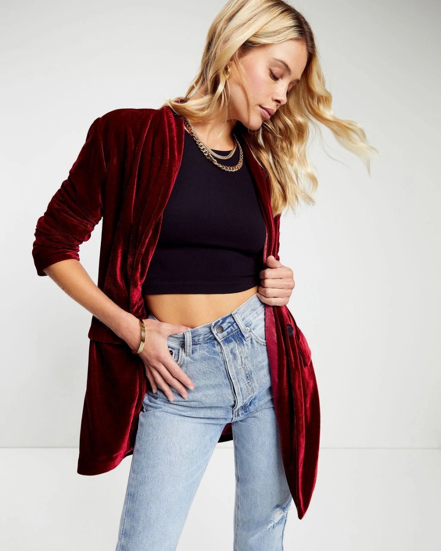 Blazers * | Chicest Pocketed Velvet Blazer Ruby Last Chance