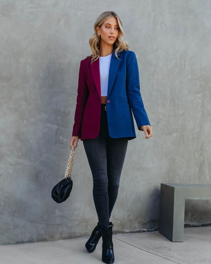 Blazers * | Double Take Pocketed Colorblock Blazer Wine/Navy Final Sale