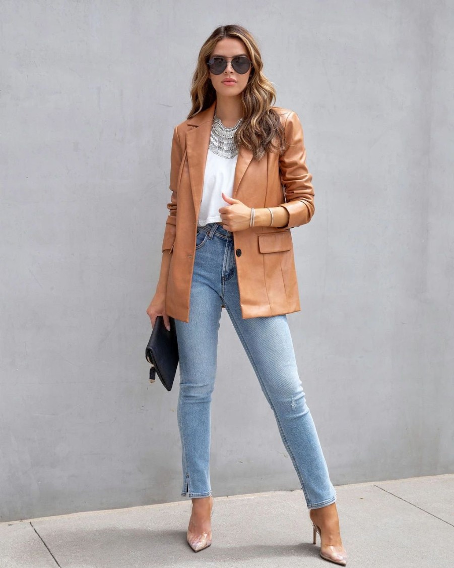 Blazers * | Fashion Affairs Faux Leather Blazer Camel Final Sale