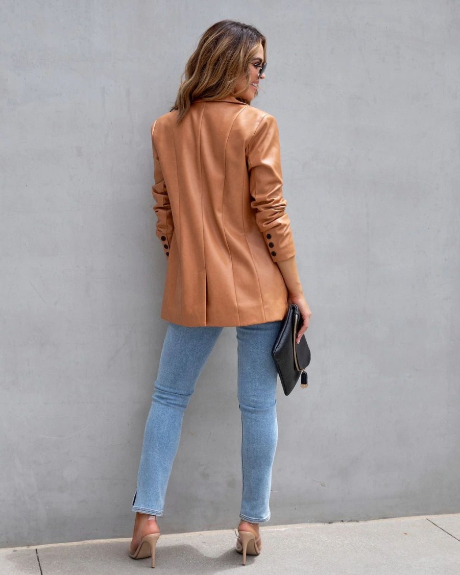 Blazers * | Fashion Affairs Faux Leather Blazer Camel Final Sale