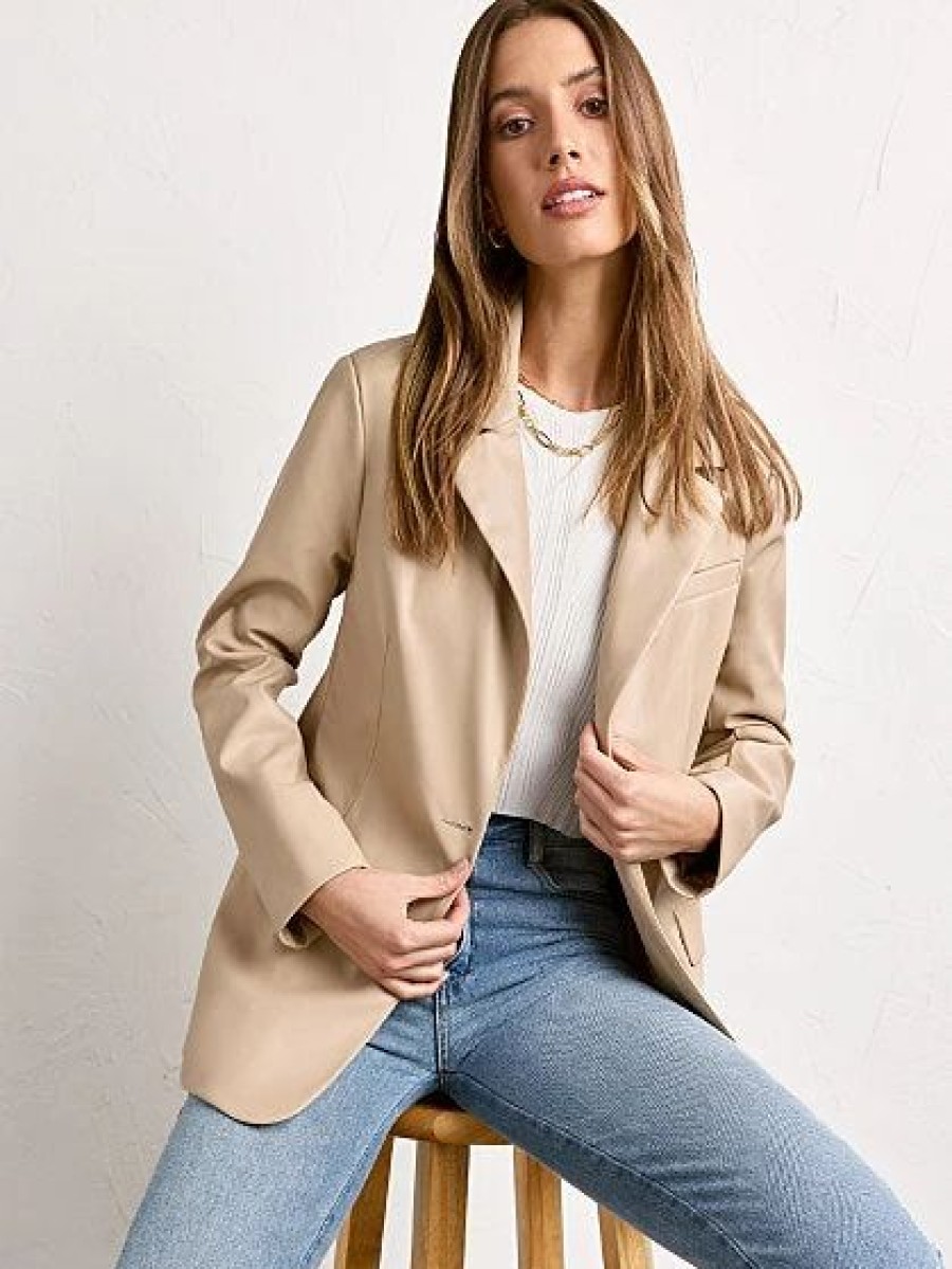 Jackets * | 2-Button Faux Leather Blazer Stoosh Brown - Tan