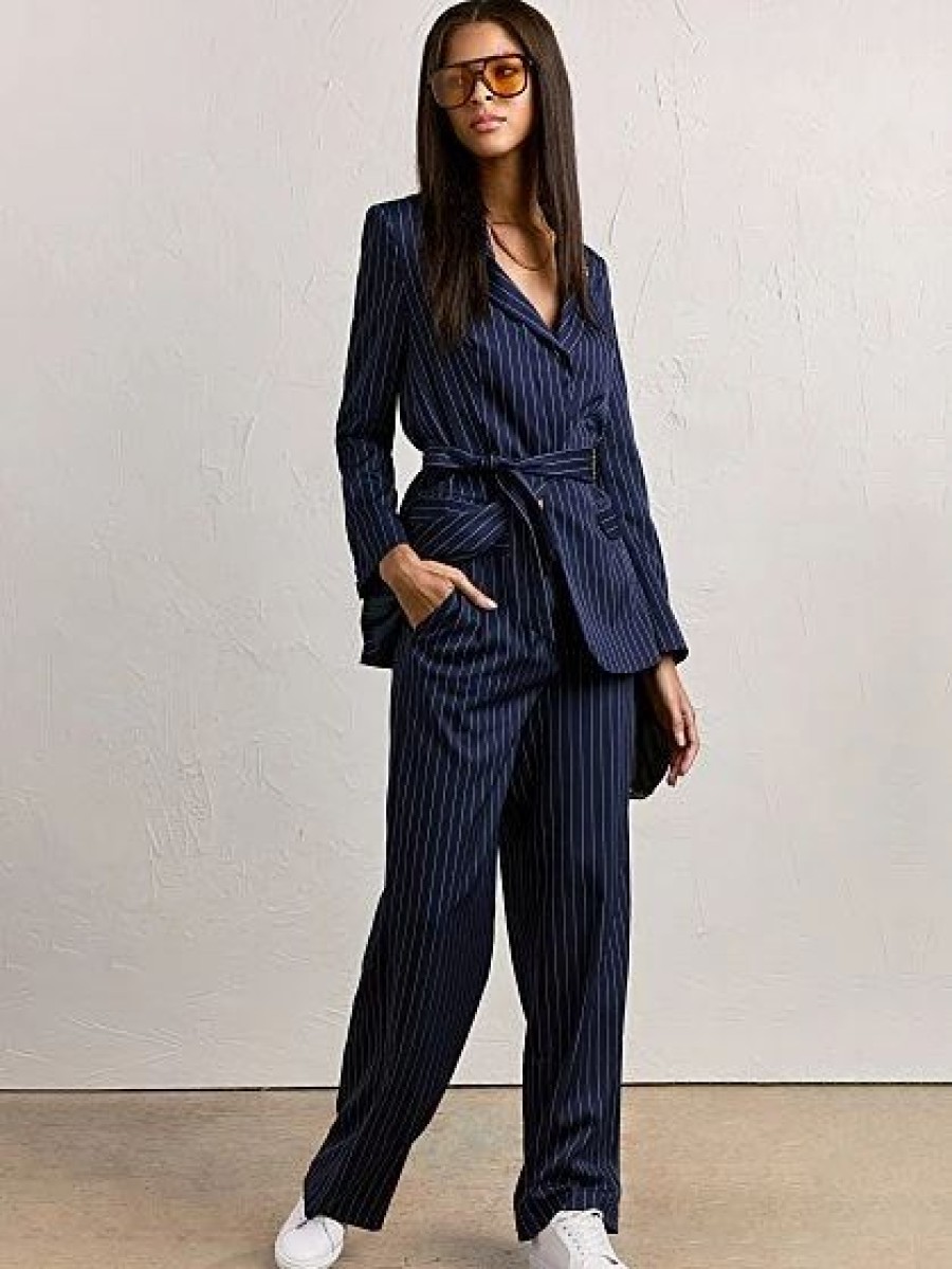 Jackets * | Pinstripe Tie-Waist Blazer Crescent Blue - Navy