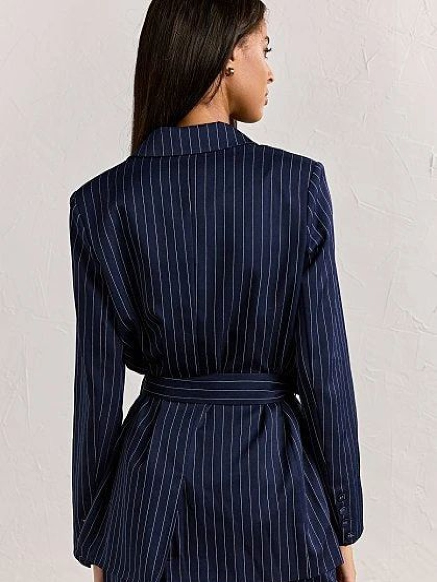 Jackets * | Pinstripe Tie-Waist Blazer Crescent Blue - Navy