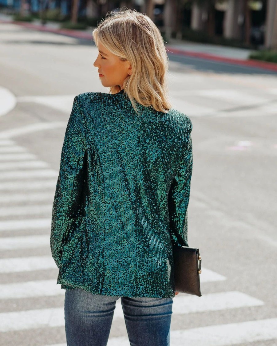 Blazers * | Festive Flair Pocketed Sequin Blazer Teal Final Sale