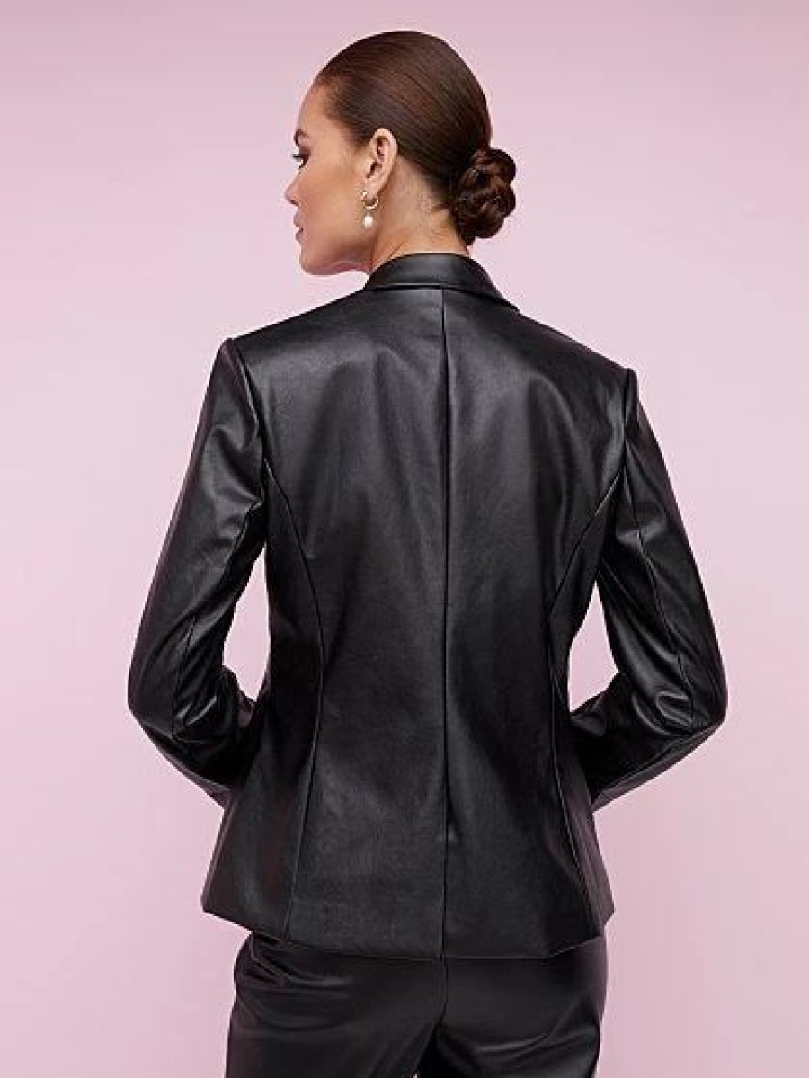 Jackets * | Faux-Leather Button-Front Blazer Black - Black