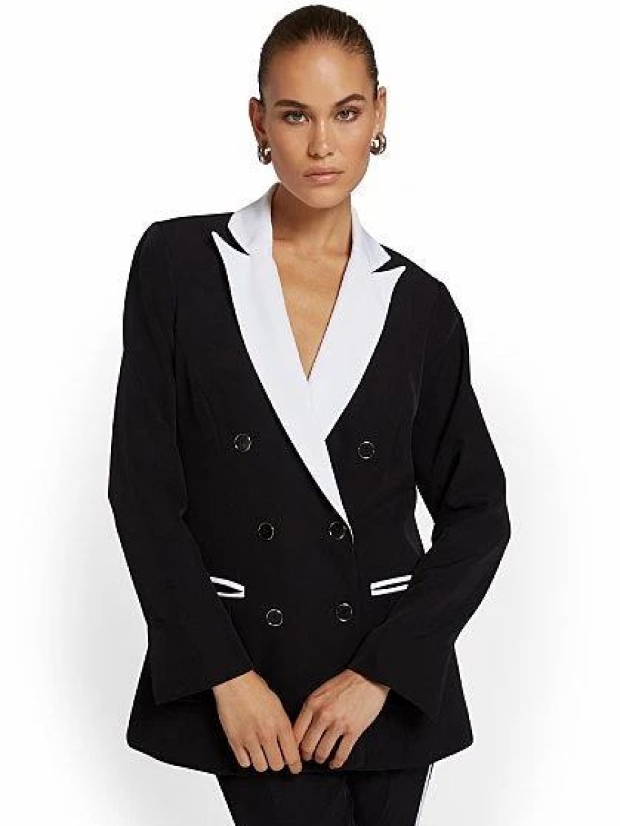 Jackets * | Colorblock Double-Breasted Blazer Black - Black