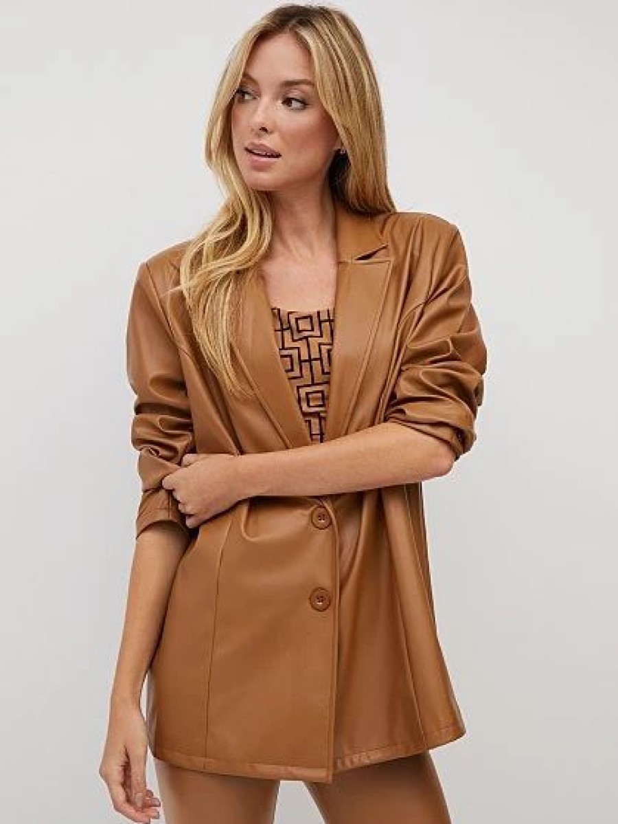 Jackets * | Faux-Leather Blazer Brown - Medium Brown