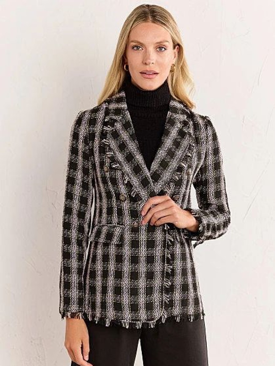 Jackets * | Pink Tweed Fray Blazer Fate Black - Black/White