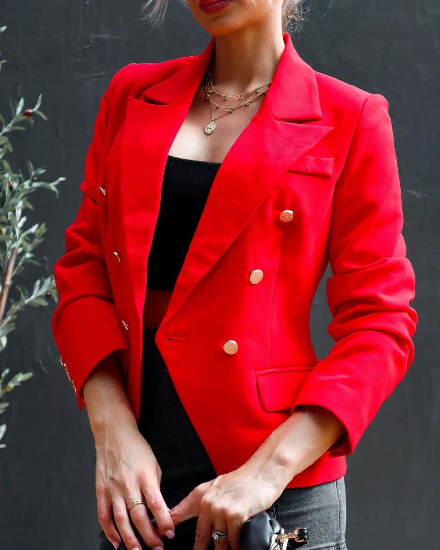 Blazers * | Wonder Women Pocketed Blazer Red Final Sale