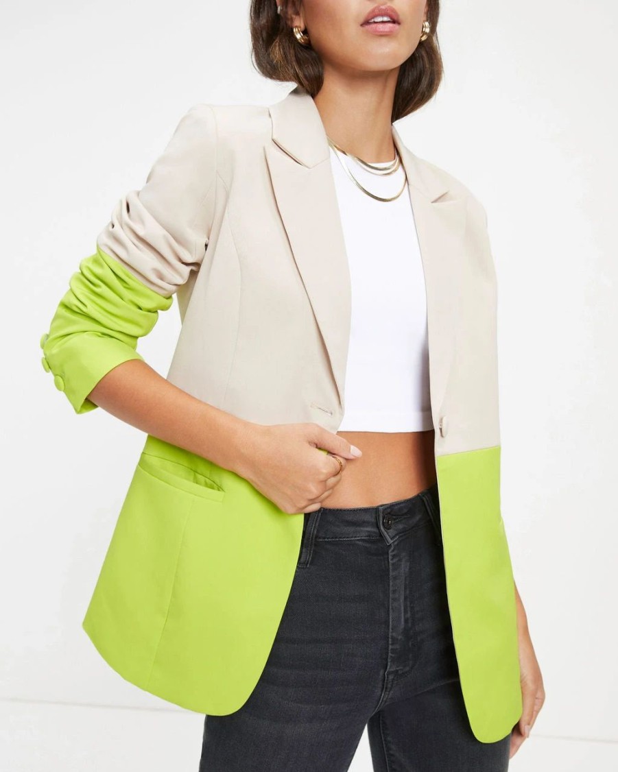 Blazers * | She Sets Trends Pocketed Colorblock Blazer Lime Final Sale