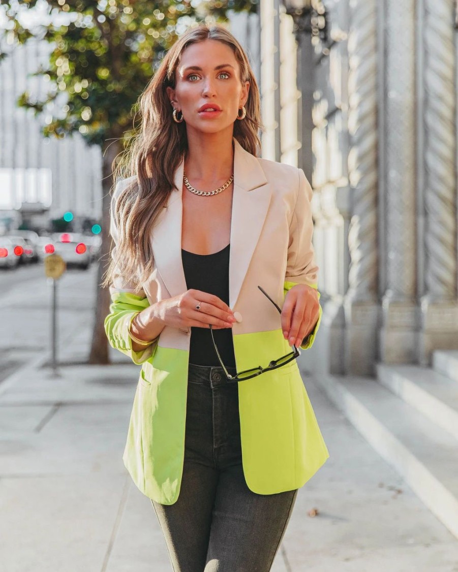 Blazers * | She Sets Trends Pocketed Colorblock Blazer Lime Final Sale