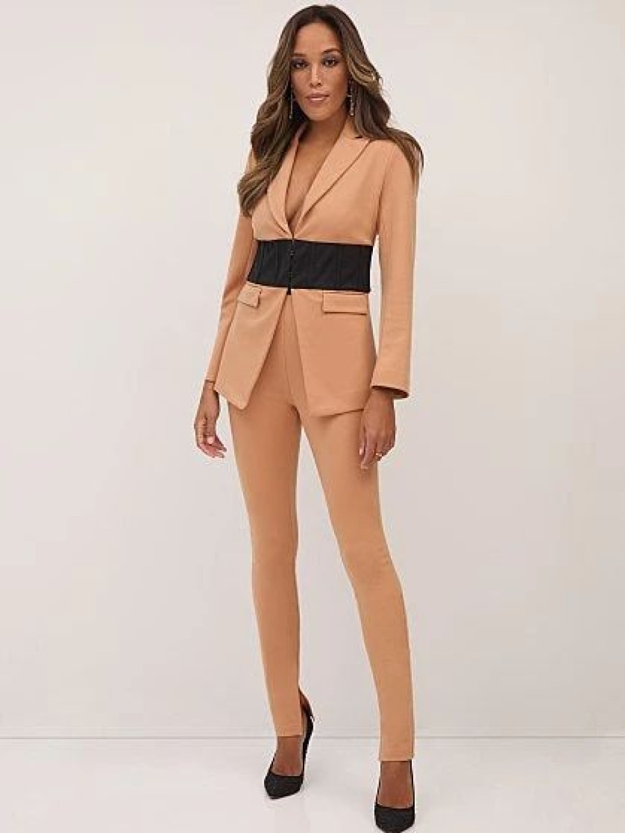 Jackets * | Contrast Corset-Waist Blazer Natural - Beige Fantasy