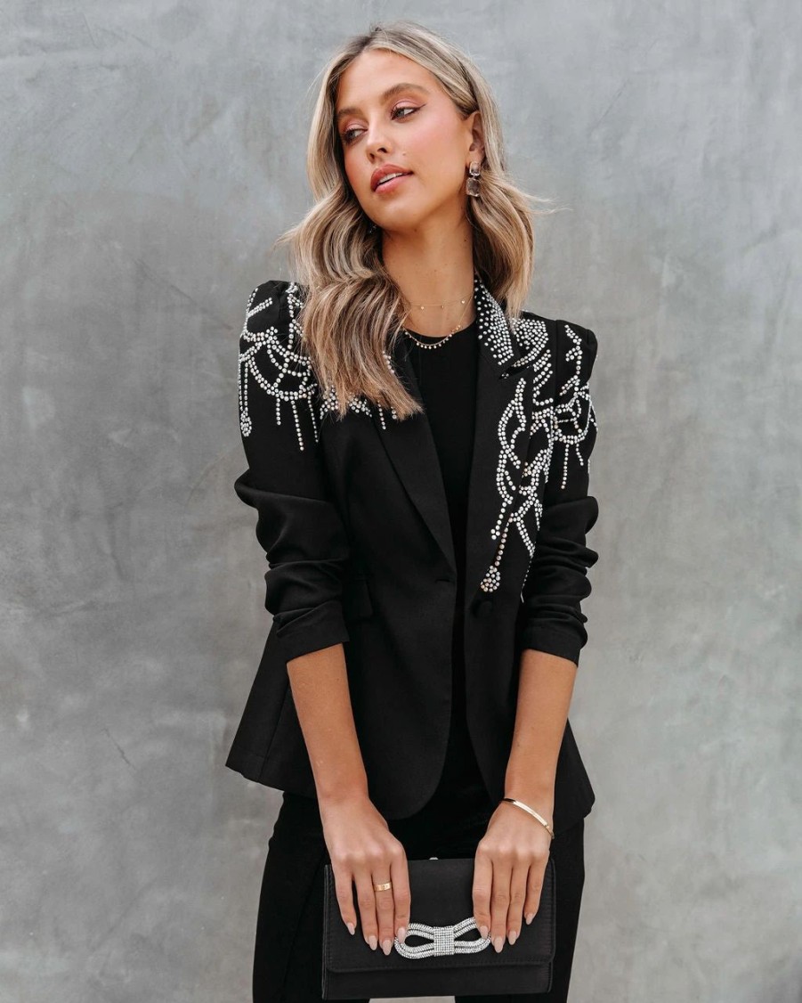 Blazers * | Waking Up In Vegas Rhinestone Embellished Blazer Black Final Sale