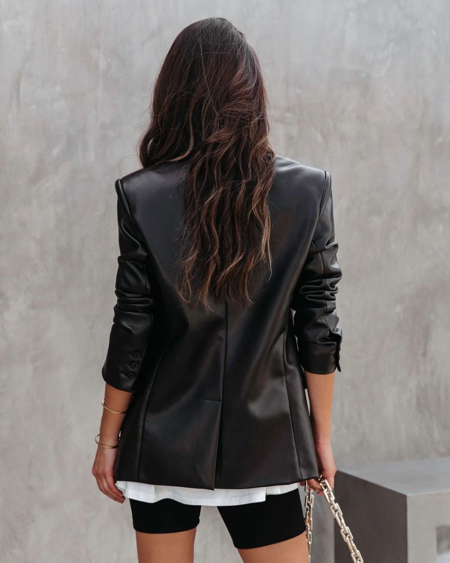 Blazers * | Buzz Worthy Faux Leather Blazer Black Final Sale