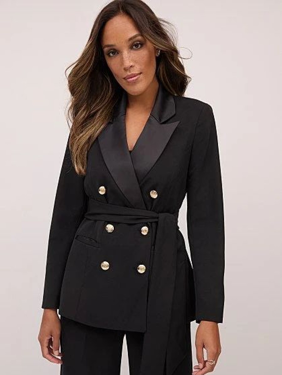 Jackets * | Double-Breasted Belted Blazer Black - Black