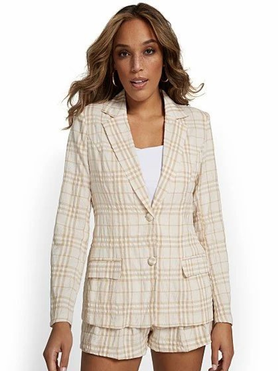 Jackets * | 2-Piece Plaid Blazer & Short Set Luxy Usa Natural - Cream