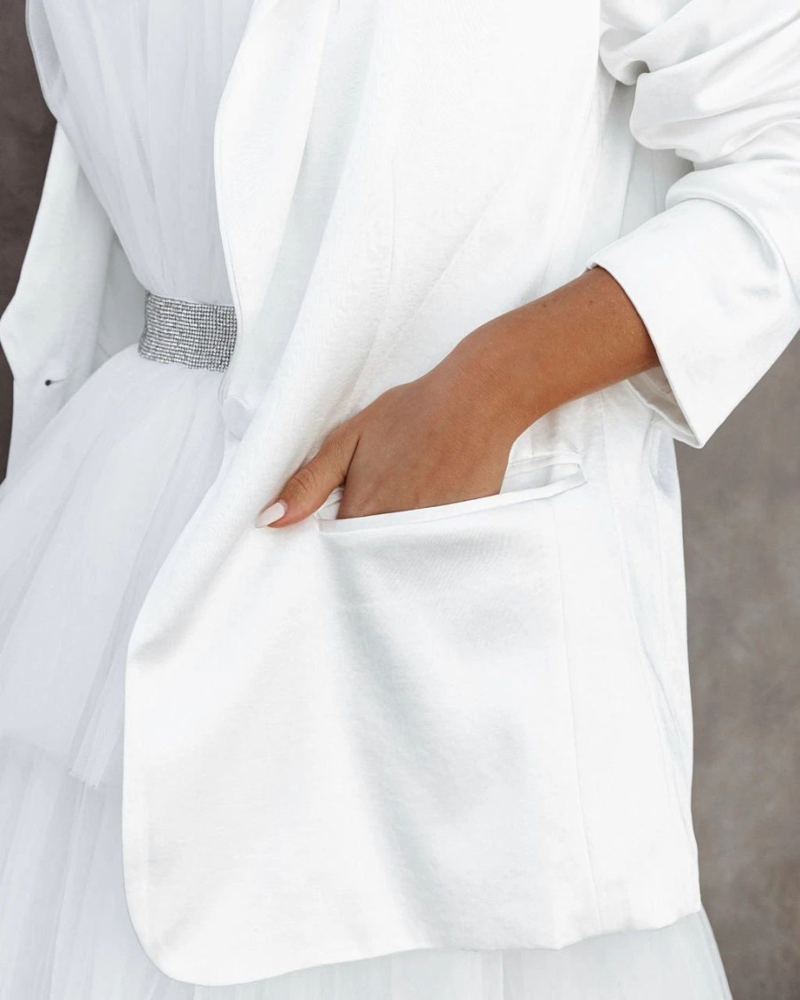 Blazers * | Jonelle Pocketed Satin Blazer White Final Sale