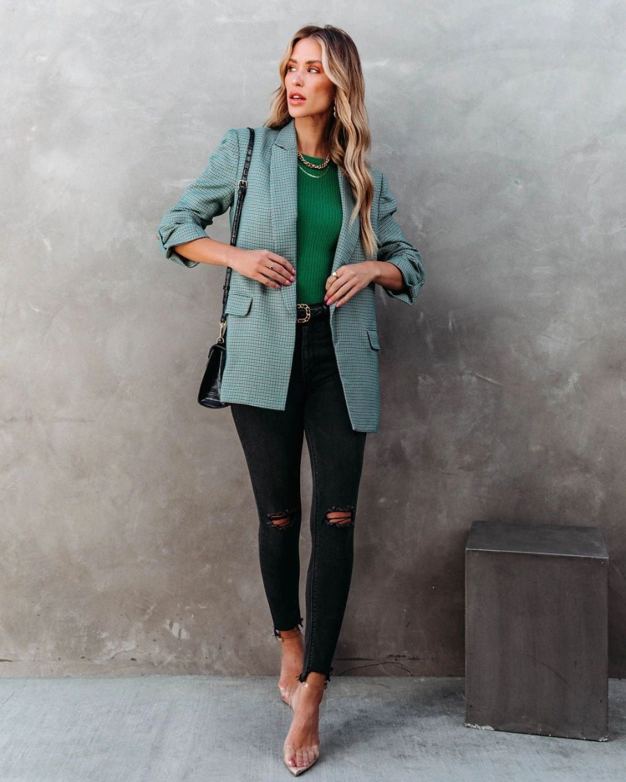 Blazers * | No Brainer Pocketed Plaid Blazer Final Sale