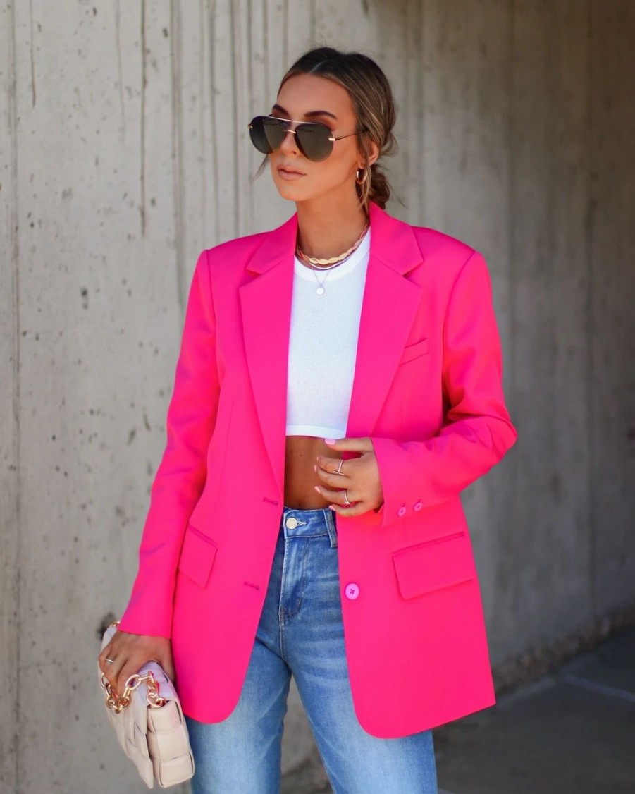 Coats & Jackets * | Expectations Pocketed Blazer Hot Pink