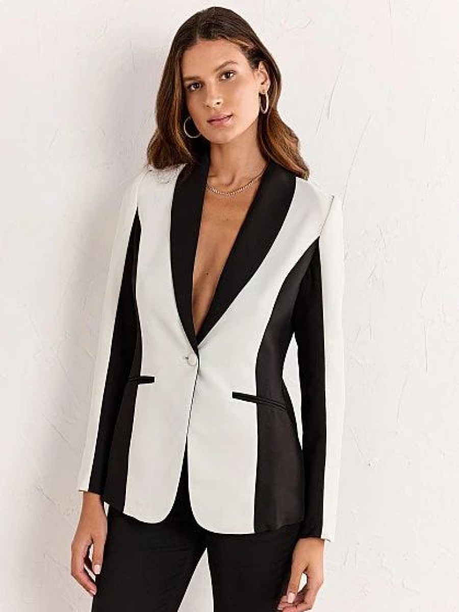 Jackets * | Black & White Colorblock Blazer Fate Black - Black/White