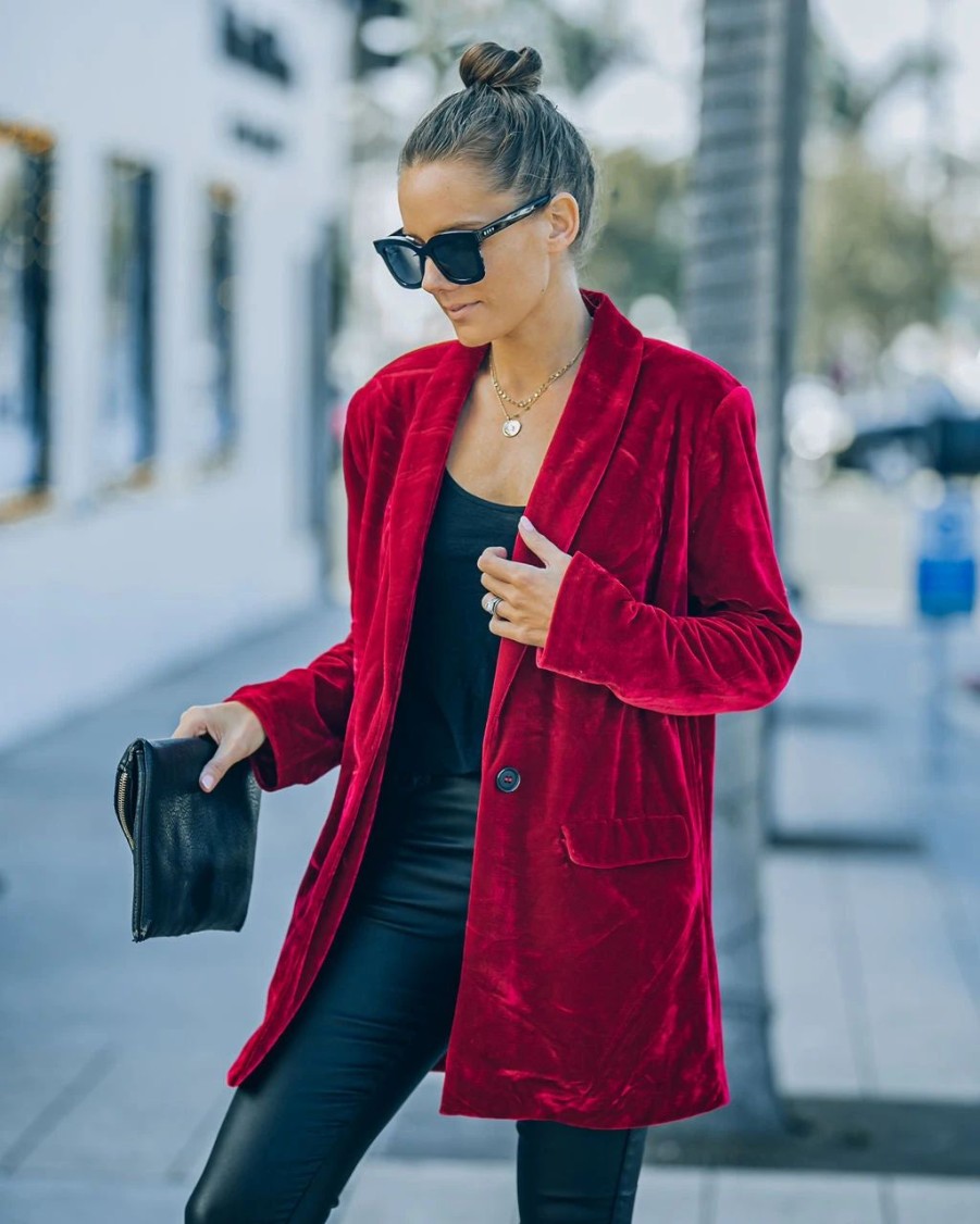 Blazers * | Chicest Pocketed Velvet Blazer Wine Final Sale