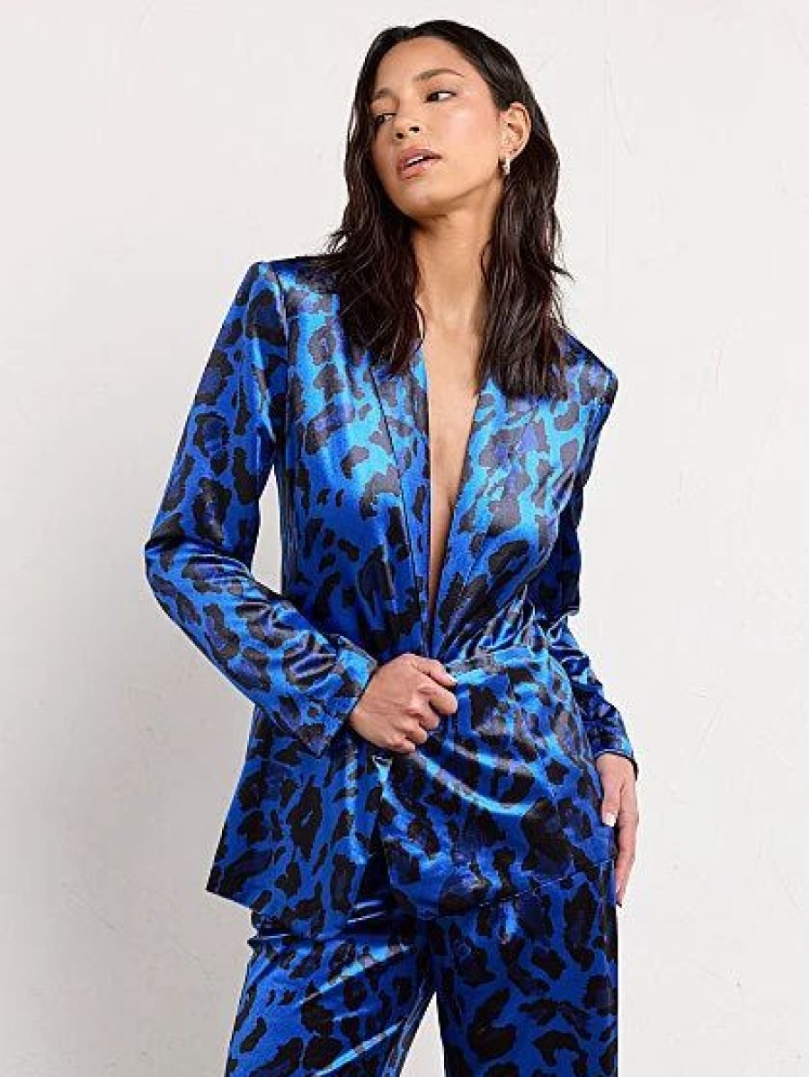 Jackets * | Animal Print Velvet Blazer Endless Rose Blue - Amplified Blue