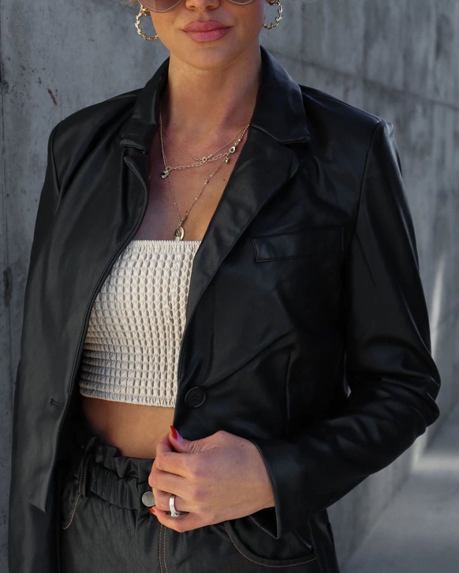 Coats & Jackets * | Soho Glam Faux Leather Blazer Black Final Sale