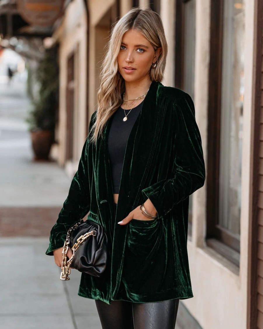 Blazers * | Chicest Pocketed Velvet Blazer Green Final Sale