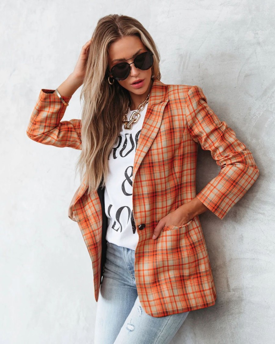 Blazers * | Making Headlines Plaid Pocketed Blazer Final Sale