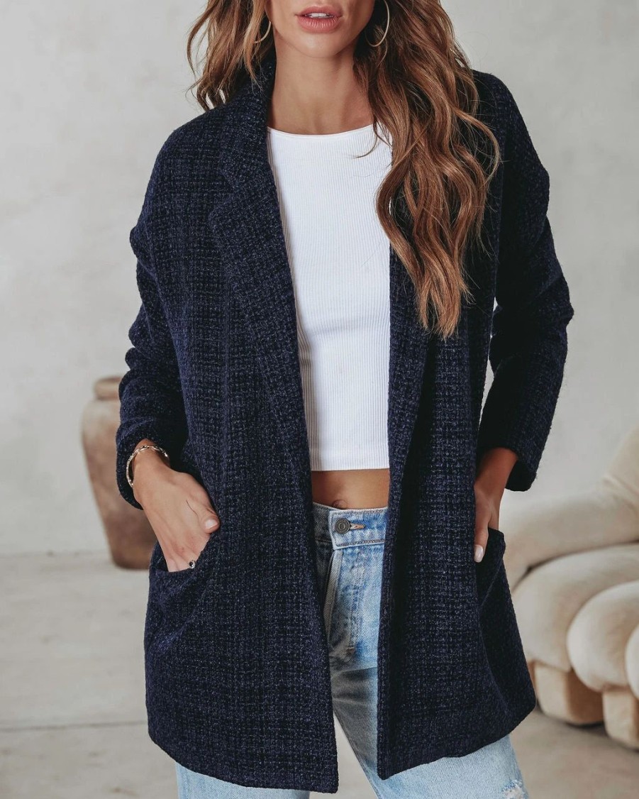 Coats & Jackets * | Stellaluna Textured Pocketed Blazer Navy Sale