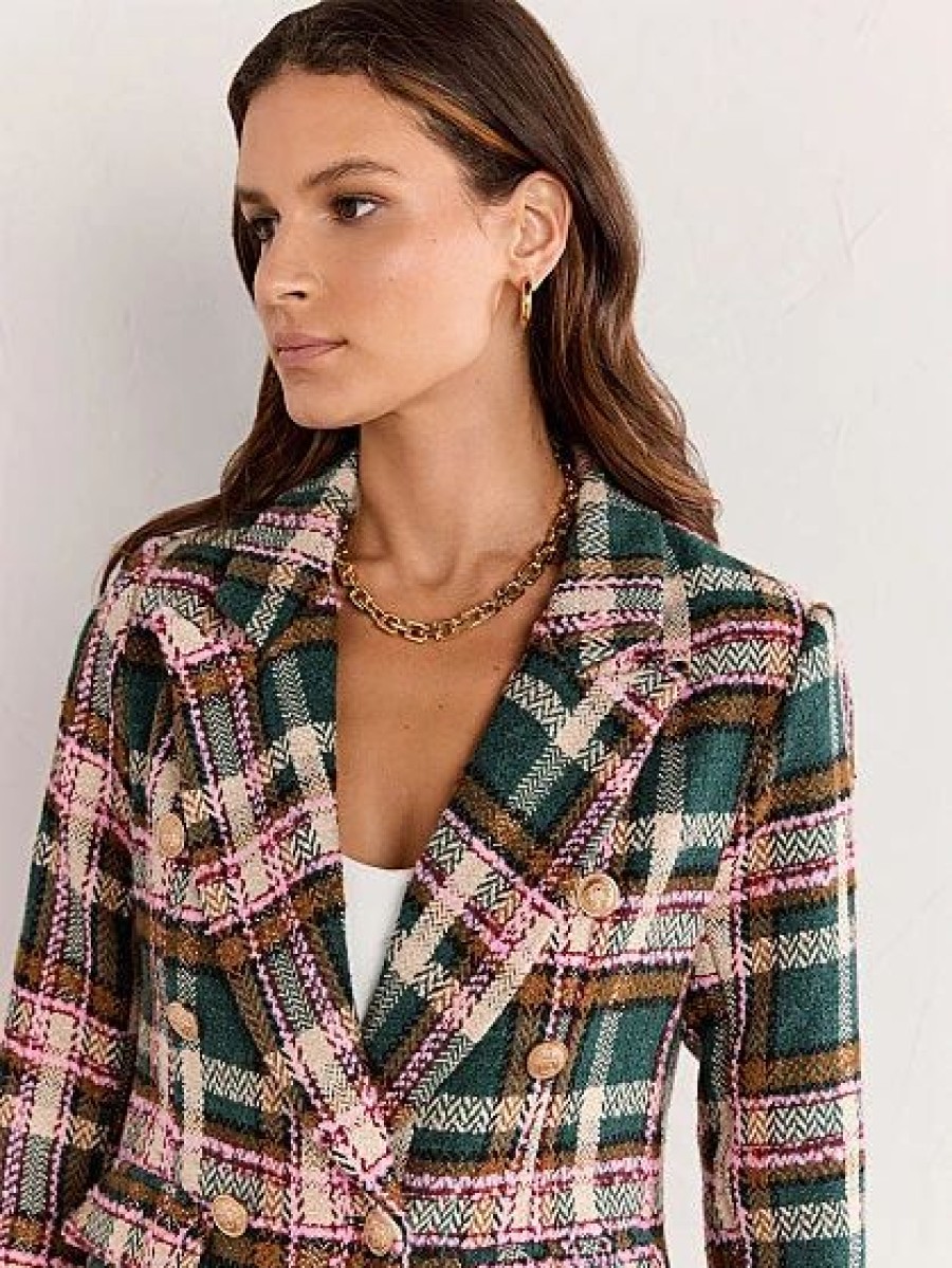 Jackets * | Long-Sleeve Green & Pink Plaid Blazer Fate Green - Green