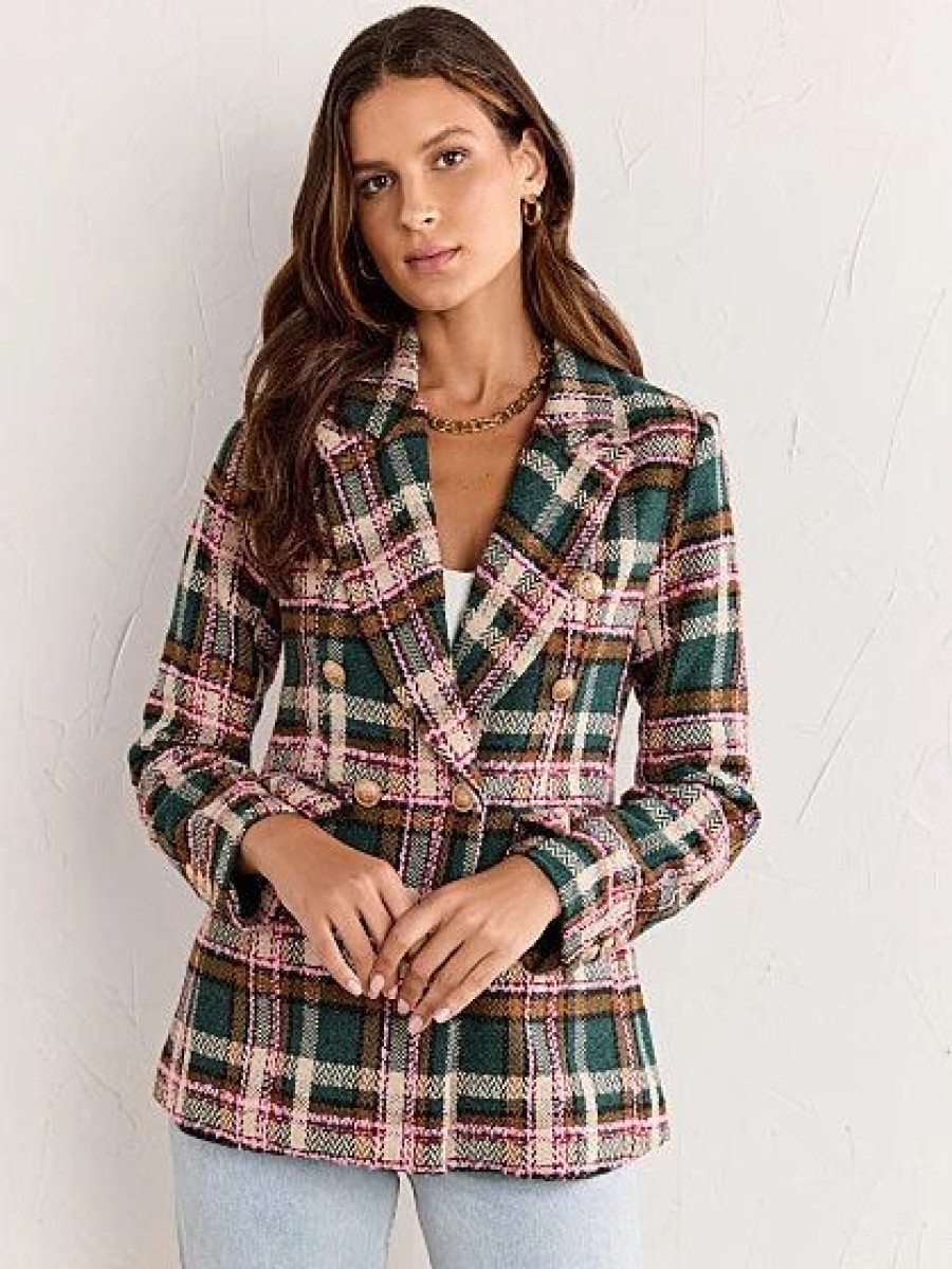 Jackets * | Long-Sleeve Green & Pink Plaid Blazer Fate Green - Green