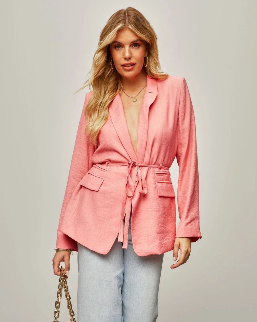 Coats & Jackets * | Jazmine Pocketed Waist Tie Blazer Coral