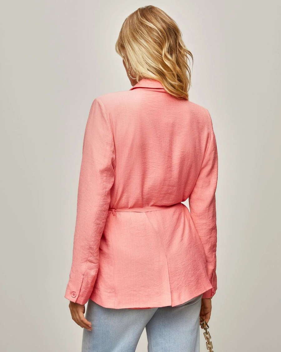 Coats & Jackets * | Jazmine Pocketed Waist Tie Blazer Coral