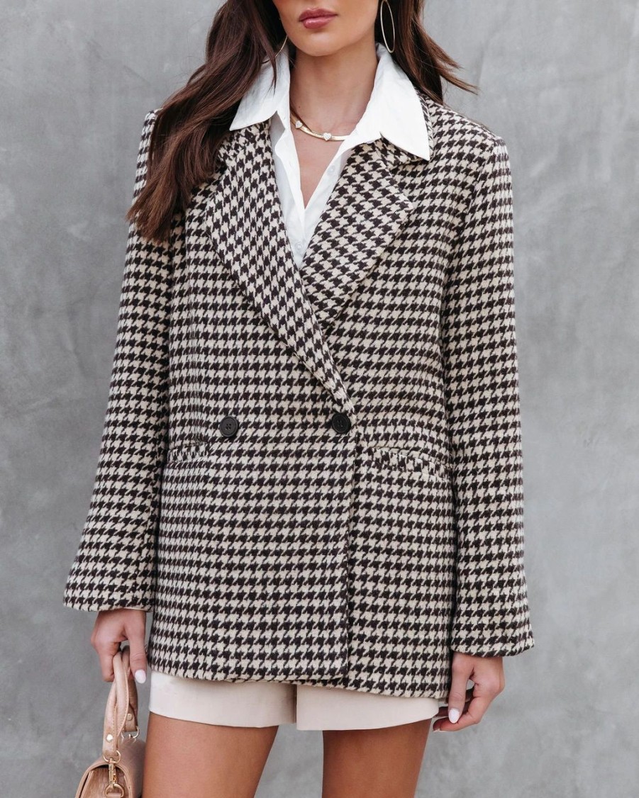 Coats & Jackets * | Trendy Confessions Houndstooth Pocketed Blazer Brown/Tan Final Sale