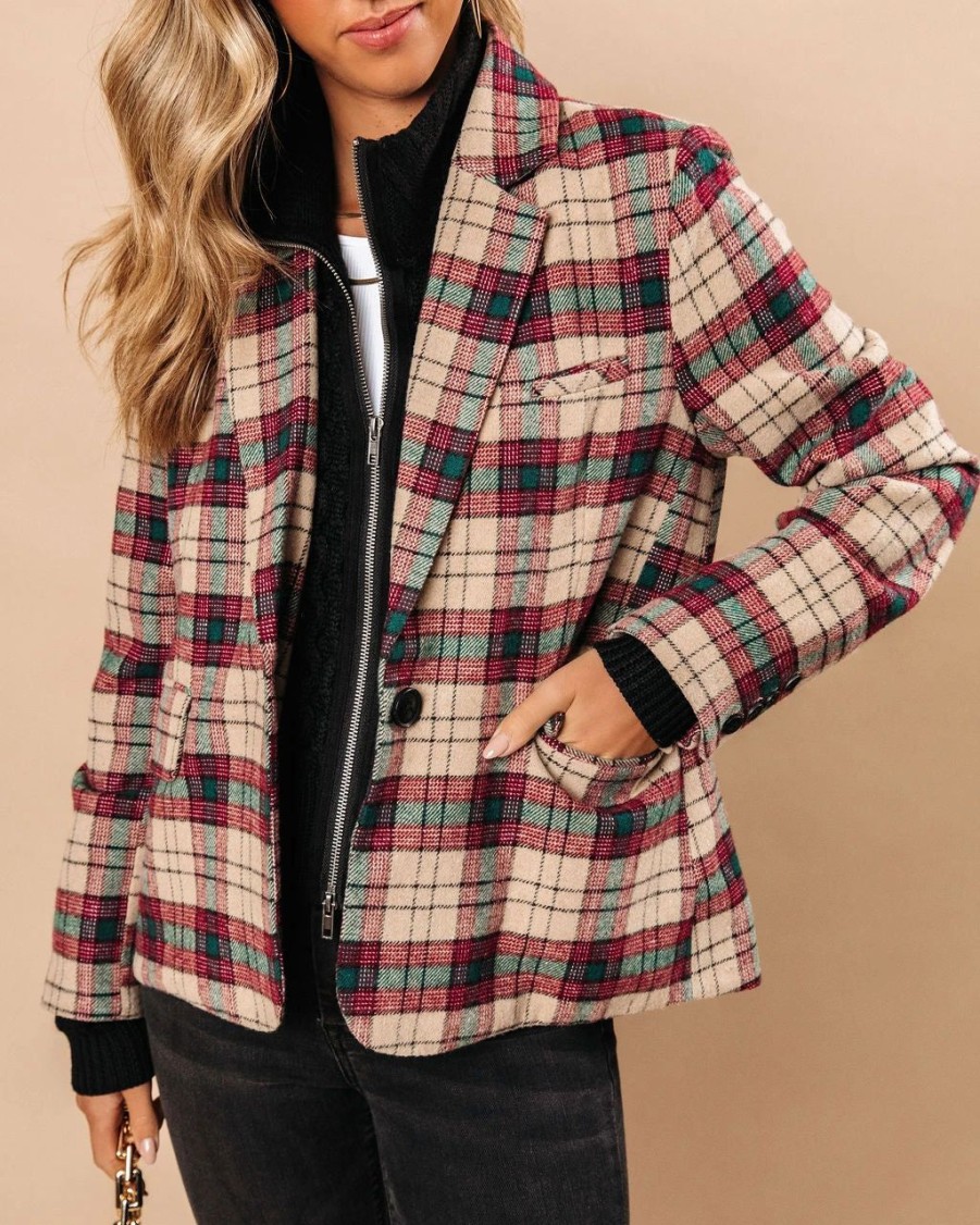 Blazers * | Good Tidings Pocketed Plaid Blazer Final Sale