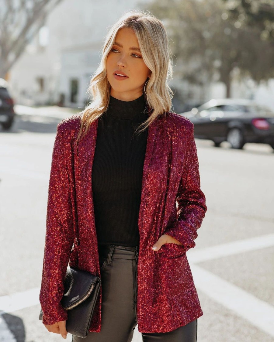 Blazers * | Festive Flair Pocketed Sequin Blazer Burgundy Final Sale