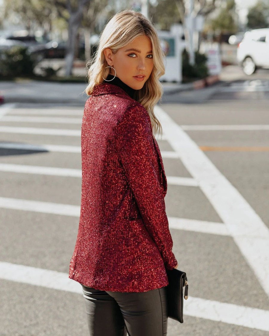 Blazers * | Festive Flair Pocketed Sequin Blazer Burgundy Final Sale