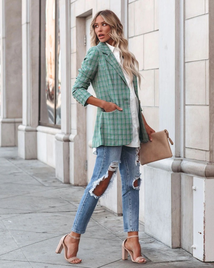 Blazers * | Shea Pocketed Plaid Blazer Green Final Sale