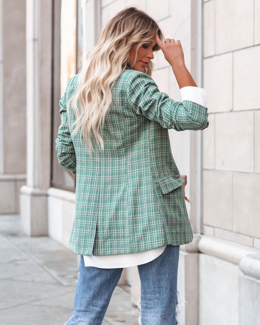 Blazers * | Shea Pocketed Plaid Blazer Green Final Sale