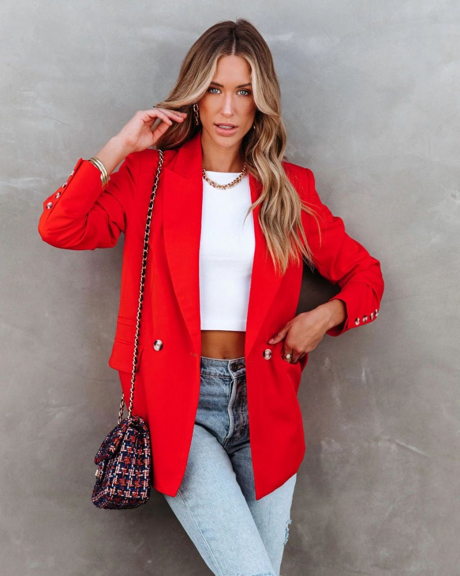 Blazers * | Angelita Pocketed Blazer Red Final Sale