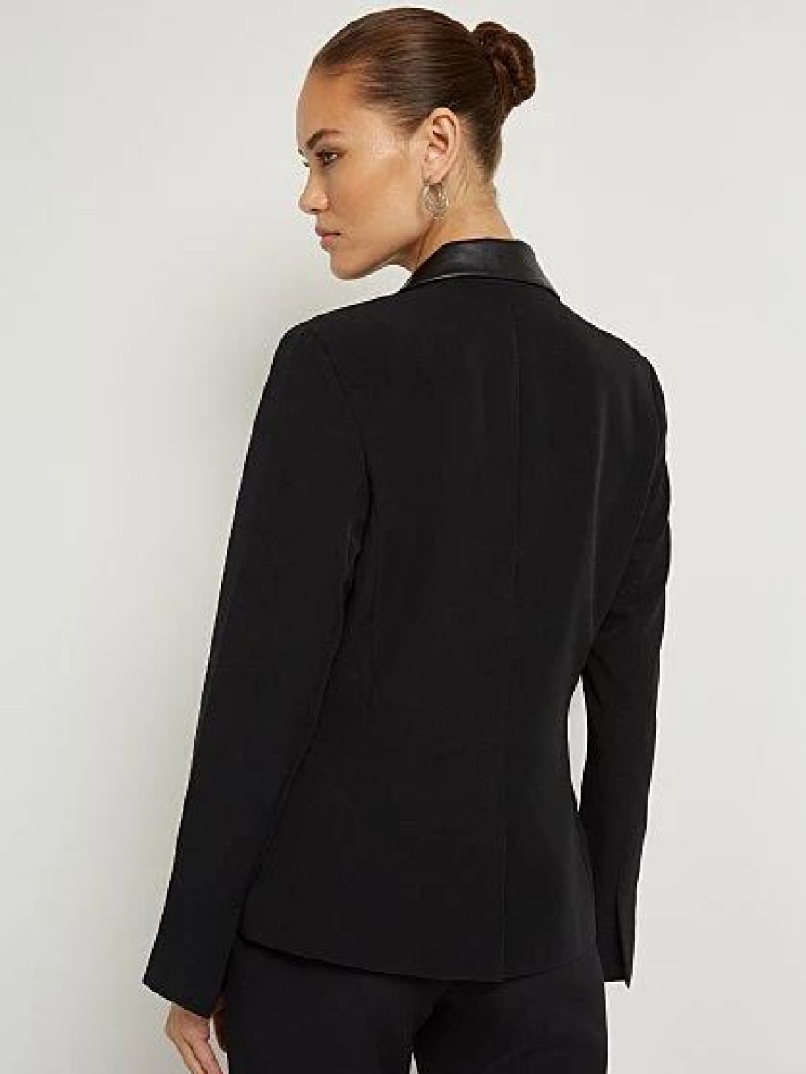 Jackets * | Faux-Leather Trim Blazer Black - Black