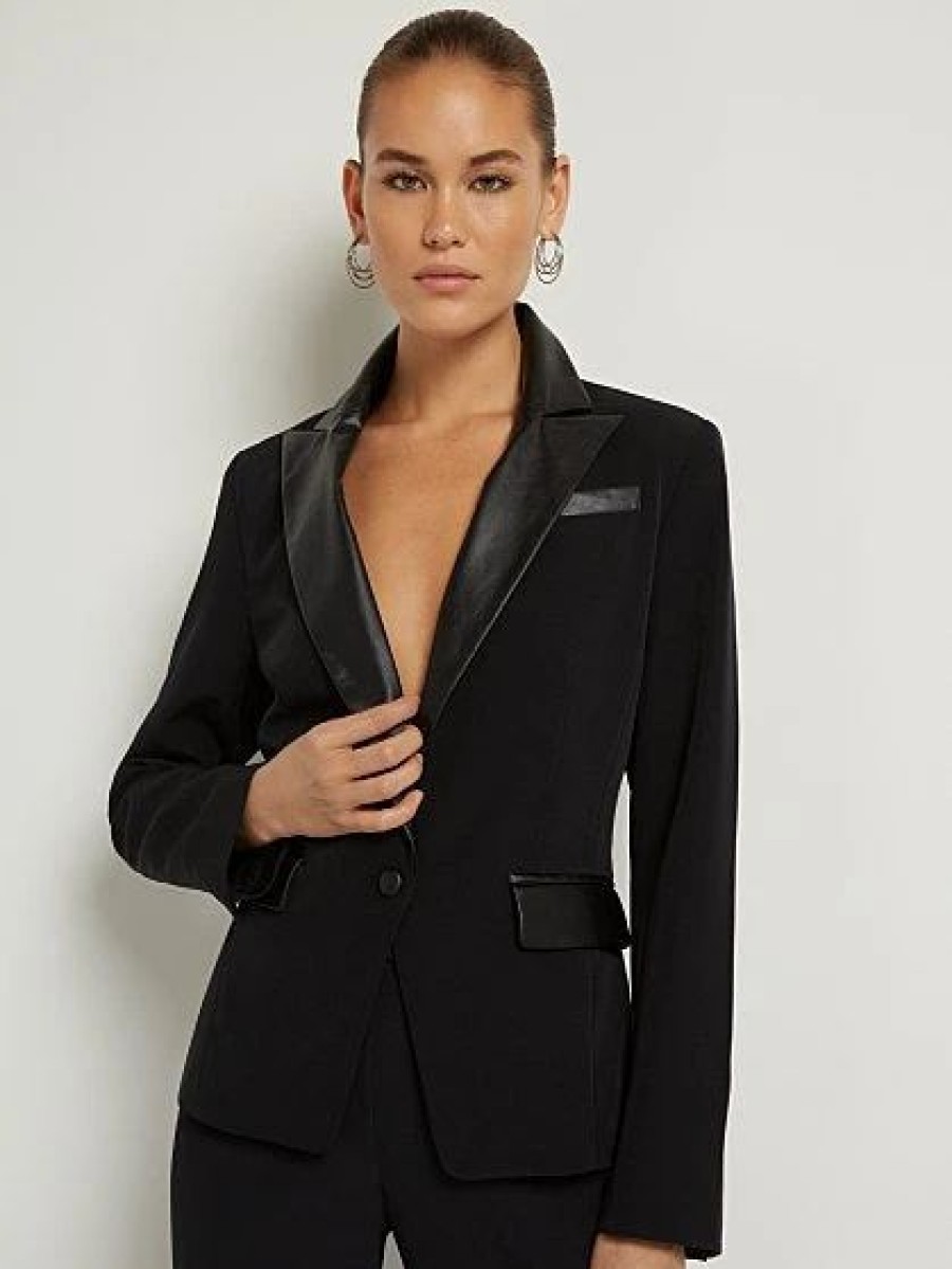 Jackets * | Faux-Leather Trim Blazer Black - Black