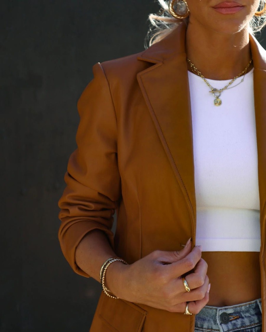 Coats & Jackets * | New York Minute Faux Leather Pocketed Blazer Cognac Sale